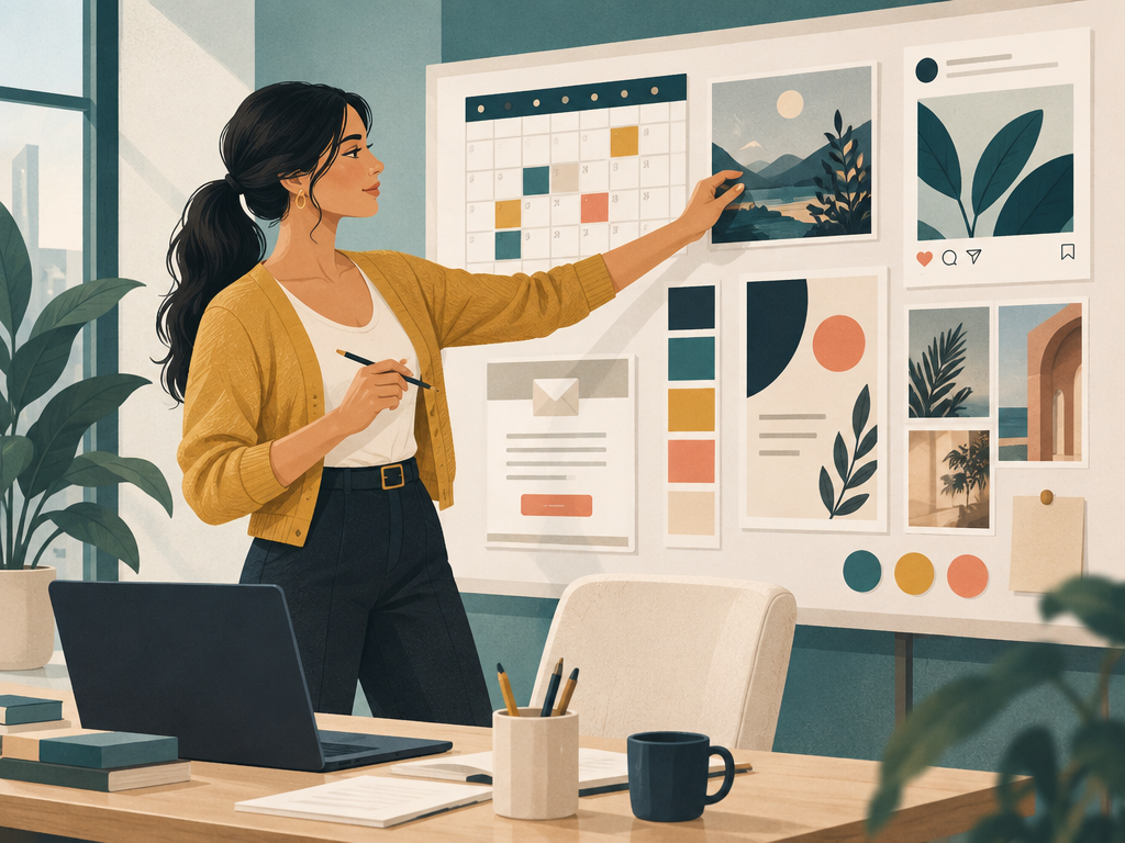 Remote marketing professional working on content and a campaign board